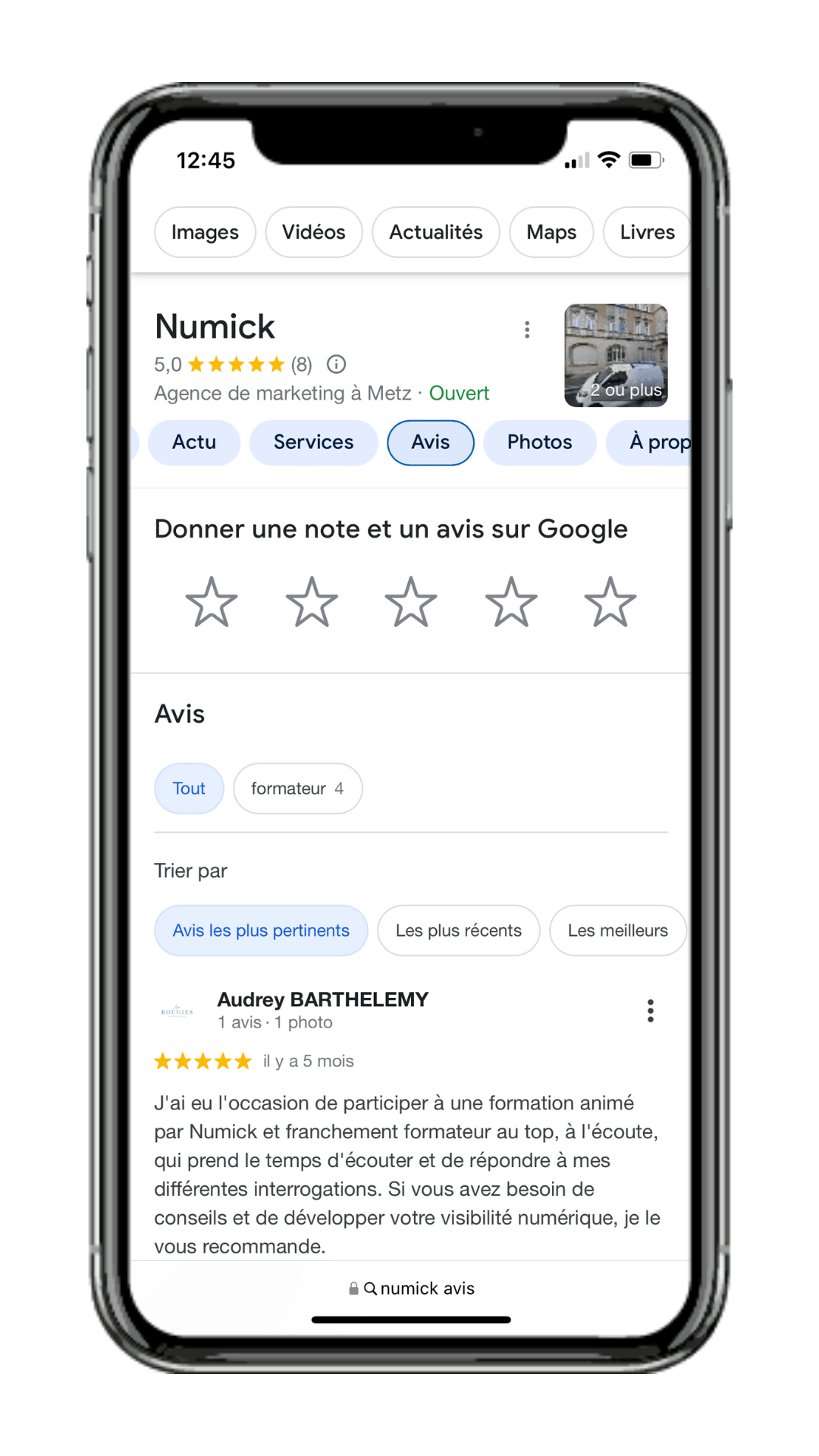 Exemple google my business, page avis de l'entreprise sur google